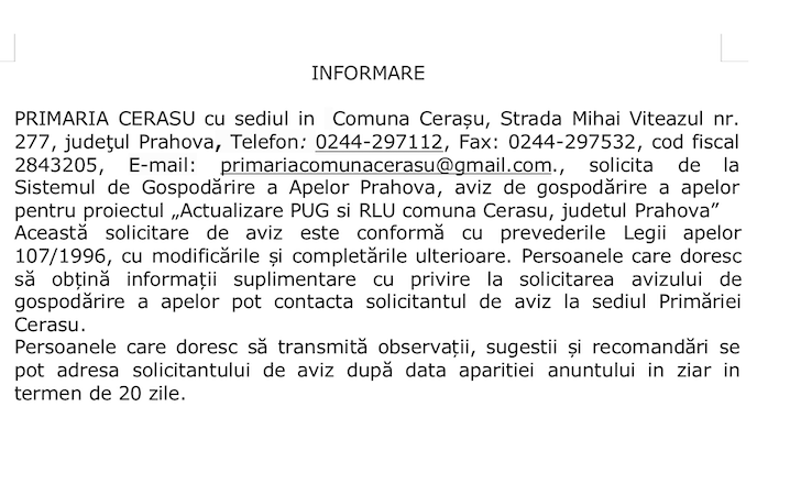 informare primaria comunei cerasu - actualizare pug si rlu