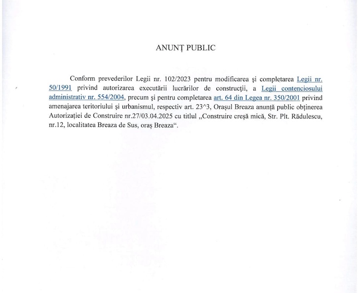 anunt public- construire cresa mica breaza