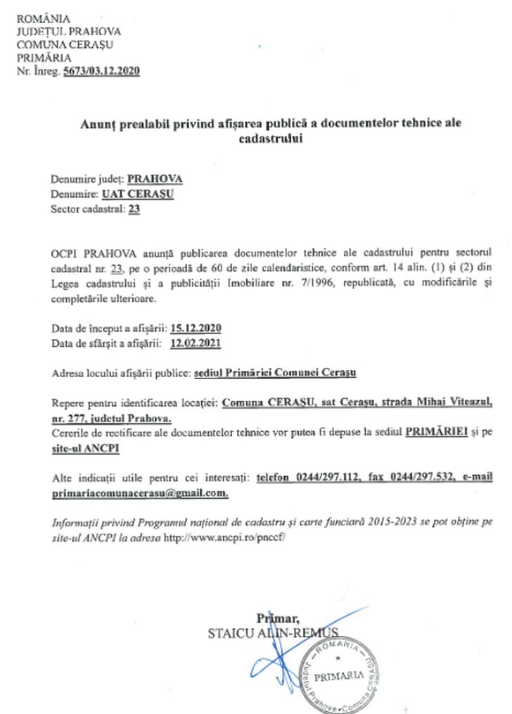Comuna Cerasu/ Anunț prealabil privind afisarea publica a documentelor de cadastru