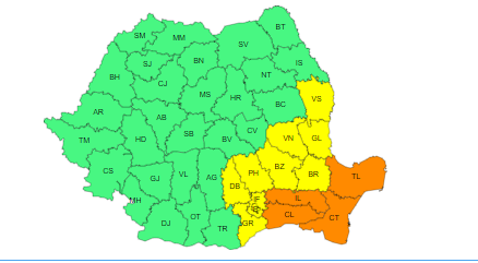 Avertizare meteorologică Cod Galben și Cod Portocaliu