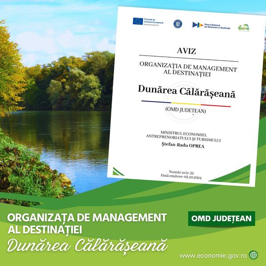 Nouă organizație pentru dezvoltarea turismului: OMD „Dunărea Călărășeană” a fost avizată de Ministerul Economiei