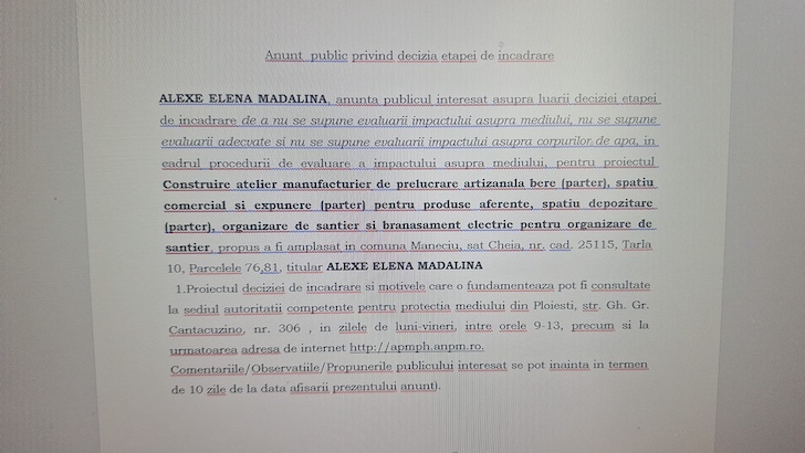 Anunț public privind decizia etapei de încadrare