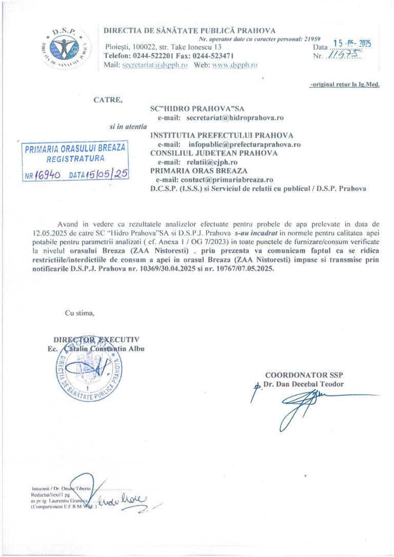 Apa din Breaza este din nou sigură pentru consum! Toate restricțiile au fost ridicate