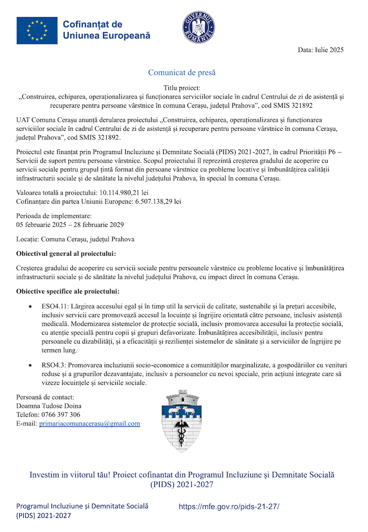 ANUNT INCEPERE PROIECT Centru de zi de asistentă pentru persoane vărstnice Comuna Cerasu