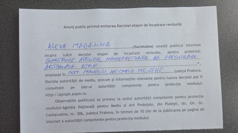Anunț public privind emiterea Deciziei de încadrare revizuită